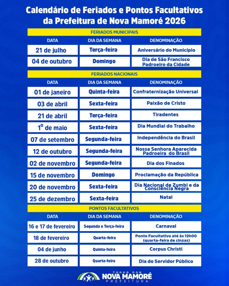 Calendário Oficial de Feriados e Pontos Facultativos – 2026