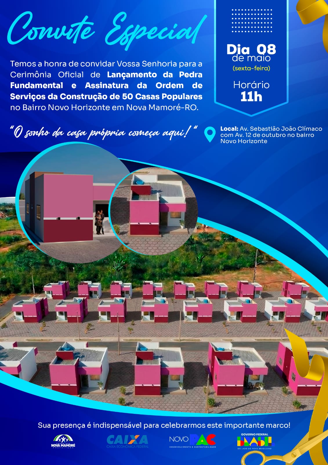 Prefeitura de Nova Mamoré convida para lançamento da Pedra Fundamental de 50 casas populares