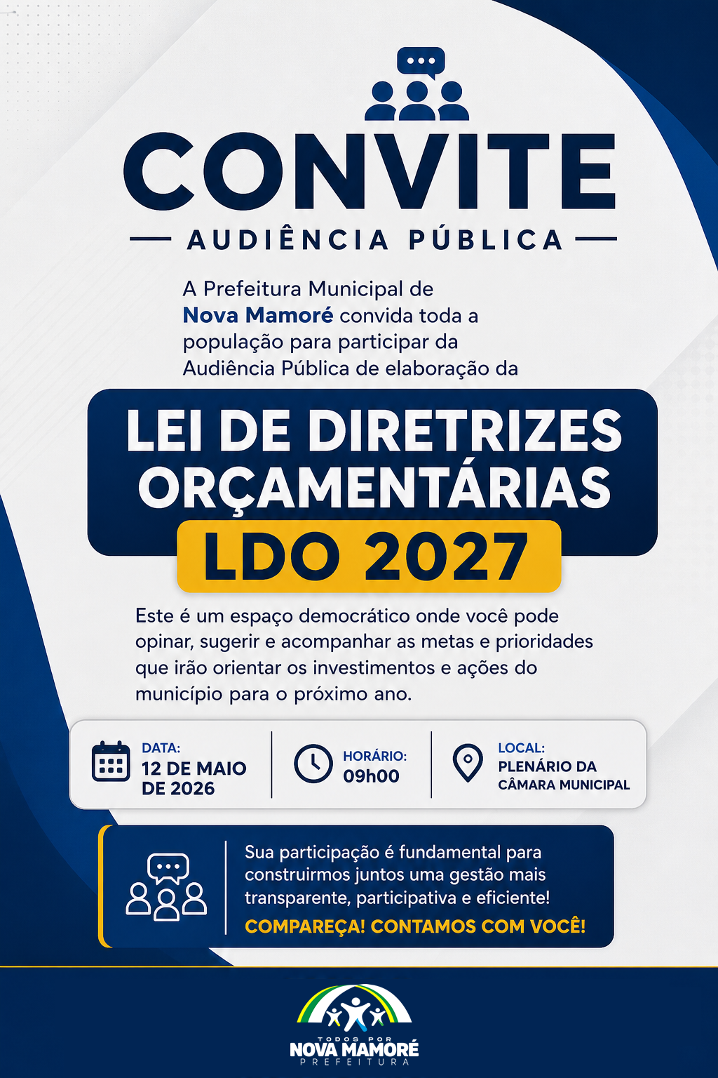 Prefeitura de Nova Mamoré convida população para Audiência Pública da LDO 2027