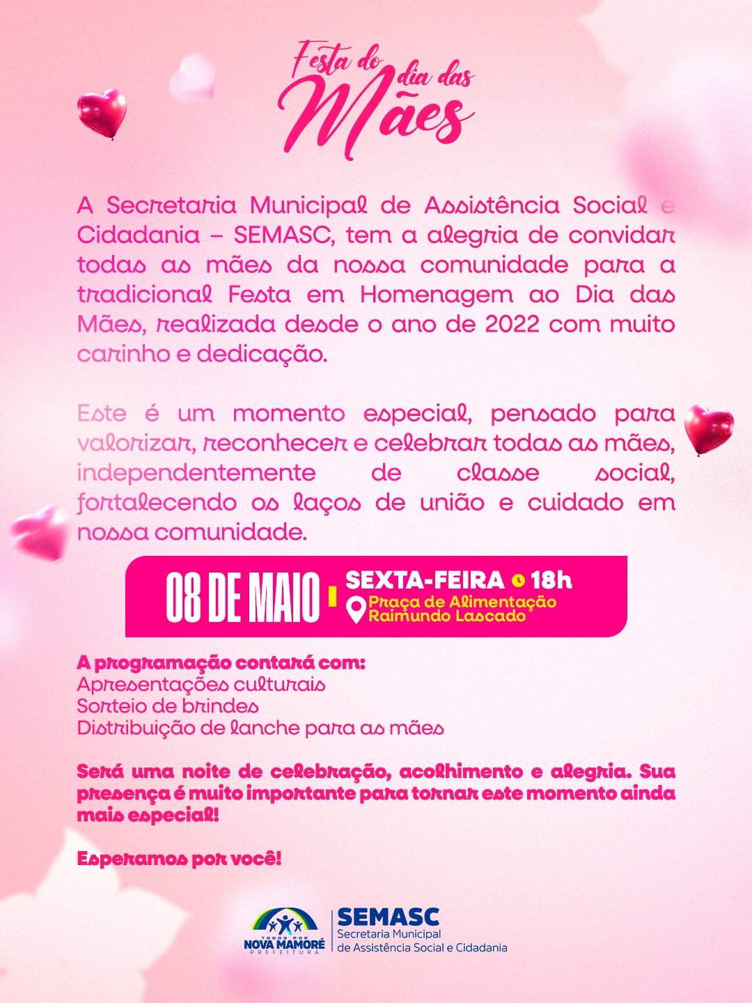 Prefeitura de Nova Mamoré realizará Festa em Homenagem ao Dia das Mães