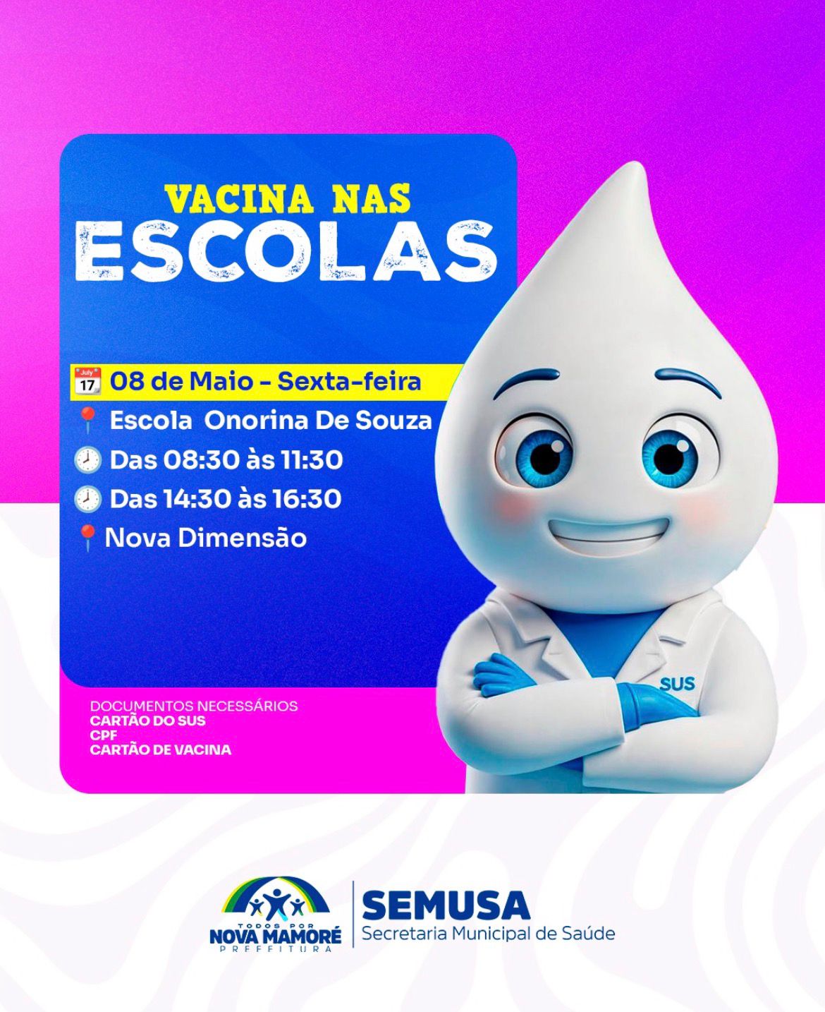 Vacina nas Escolas chega à Escola Onorina de Souza nesta sexta-feira