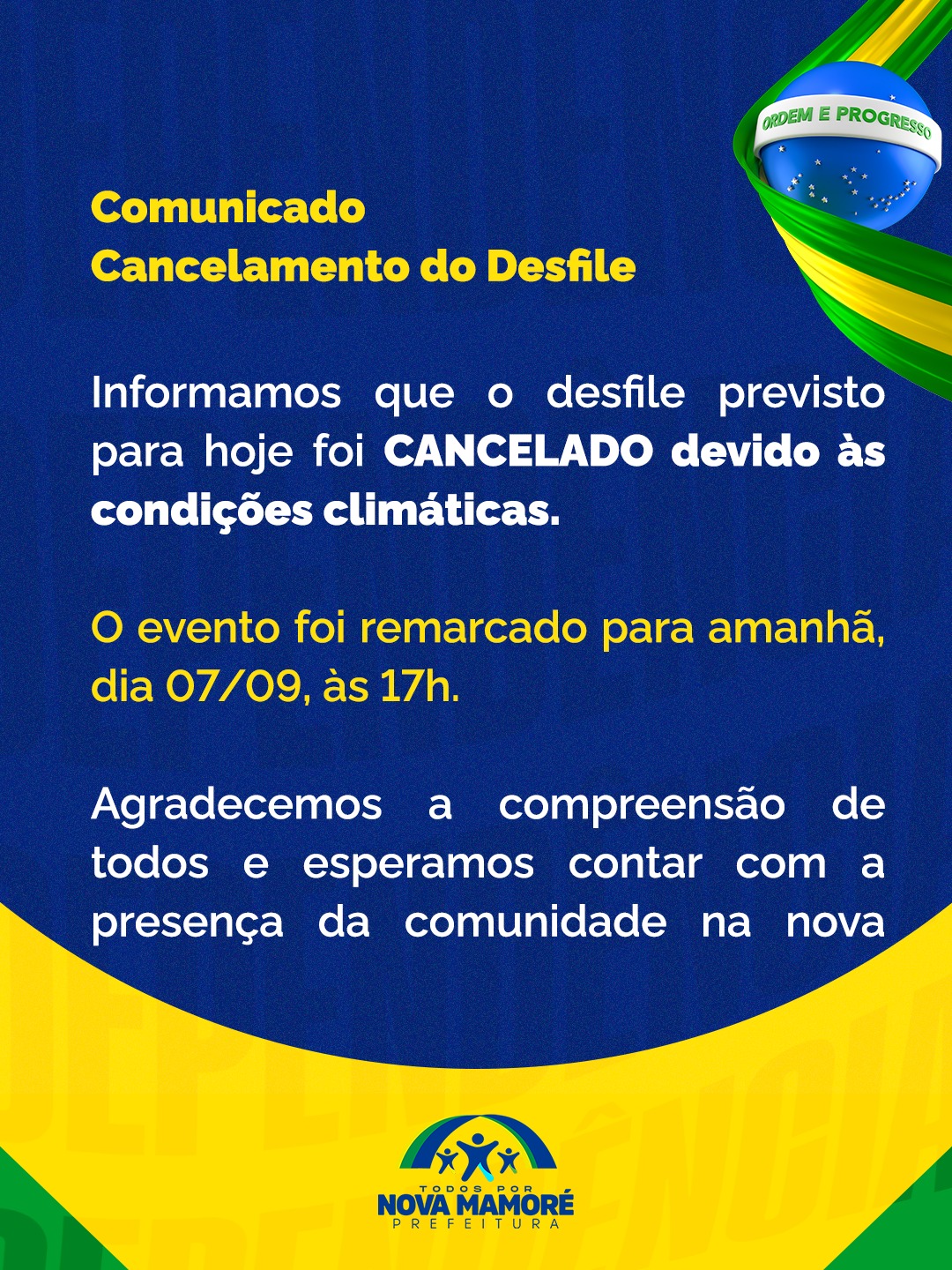 Comunicado: Desfile de 7 de Setembro é remarcado devido às condições climáticas