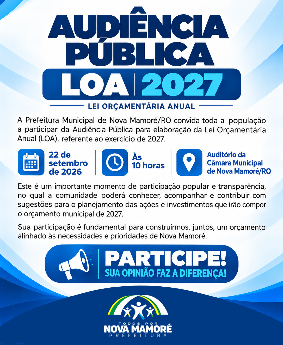 Prefeitura de Nova Mamoré realizará Audiência Pública para elaboração da LOA 2027