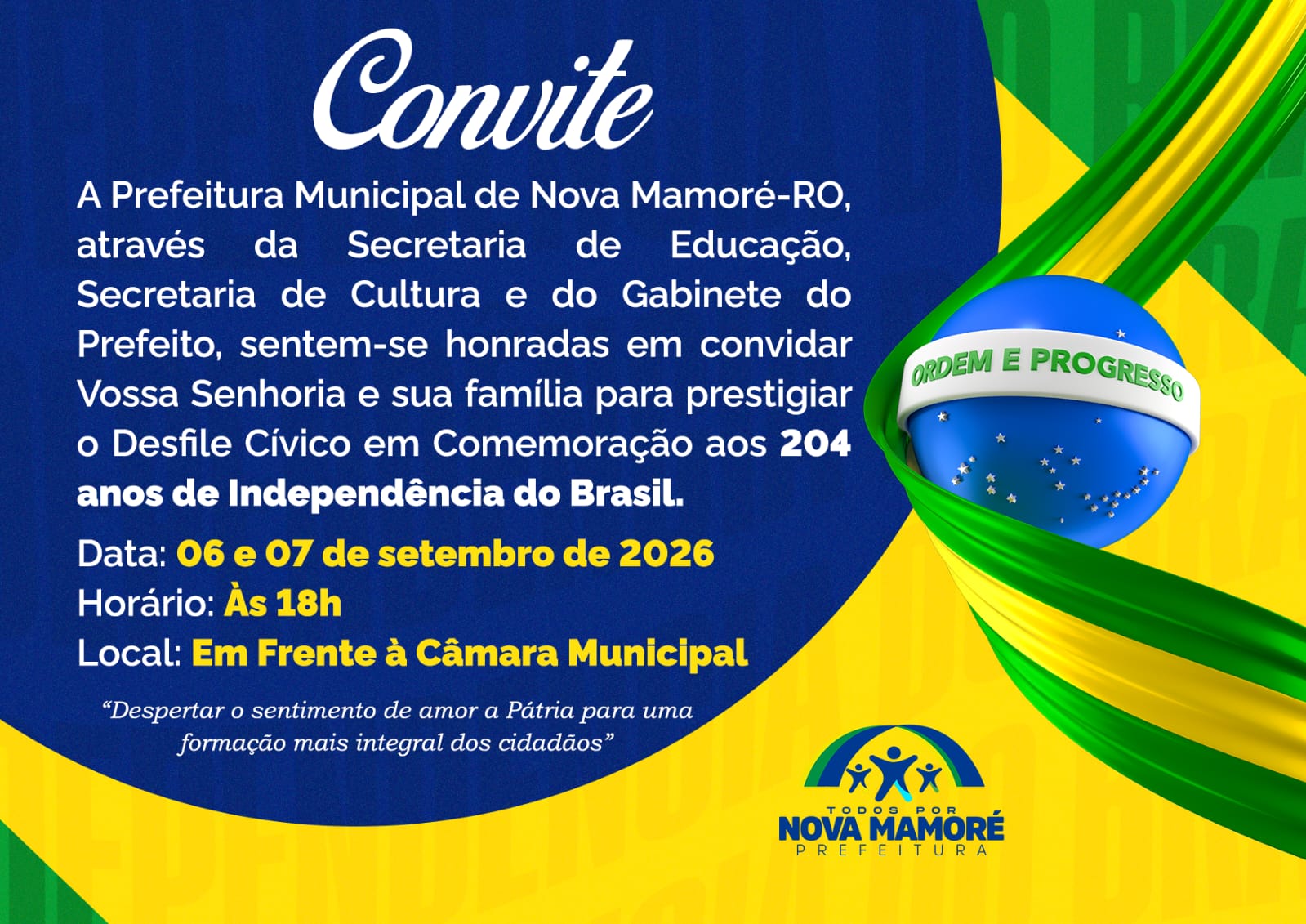 Convite – Nova Mamoré Celebra os 204 Anos da Independência do Brasil