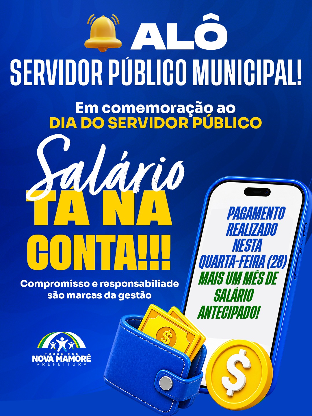 Prefeitura de Nova Mamoré antecipa pagamento dos servidores municipais em comemoração ao Dia do Servidor Público